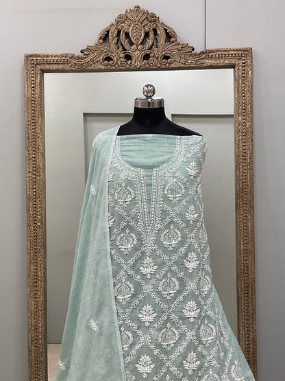 Pure Kota Straight Chikan And Sequence Work  Shirt And  Dupatta Green
