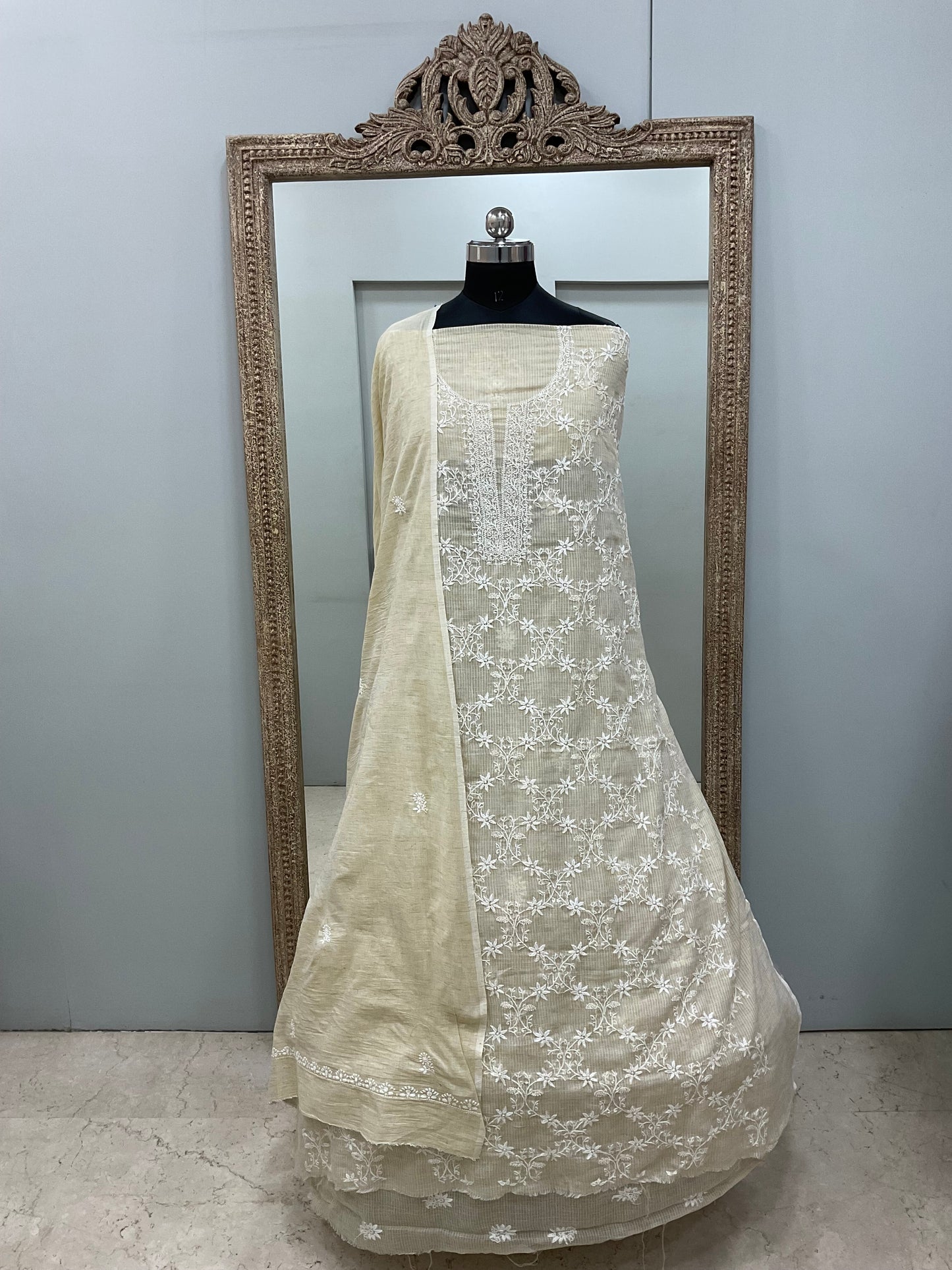 Pure Kota Straight Chikan Work  Shirt And  Dupatta Beige