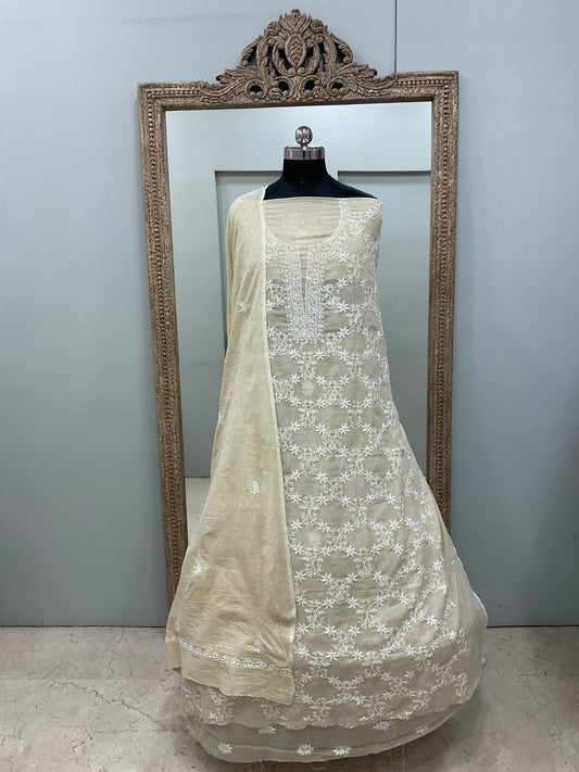Pure Kota Straight Chikan Work  Shirt And  Dupatta Beige