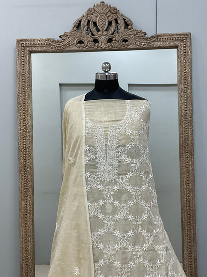 Pure Kota Straight Chikan Work  Shirt And  Dupatta Beige