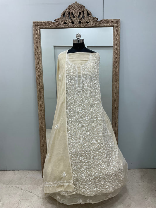 Pure Kota Straight Chikan Work  Shirt And  Dupatta Beige