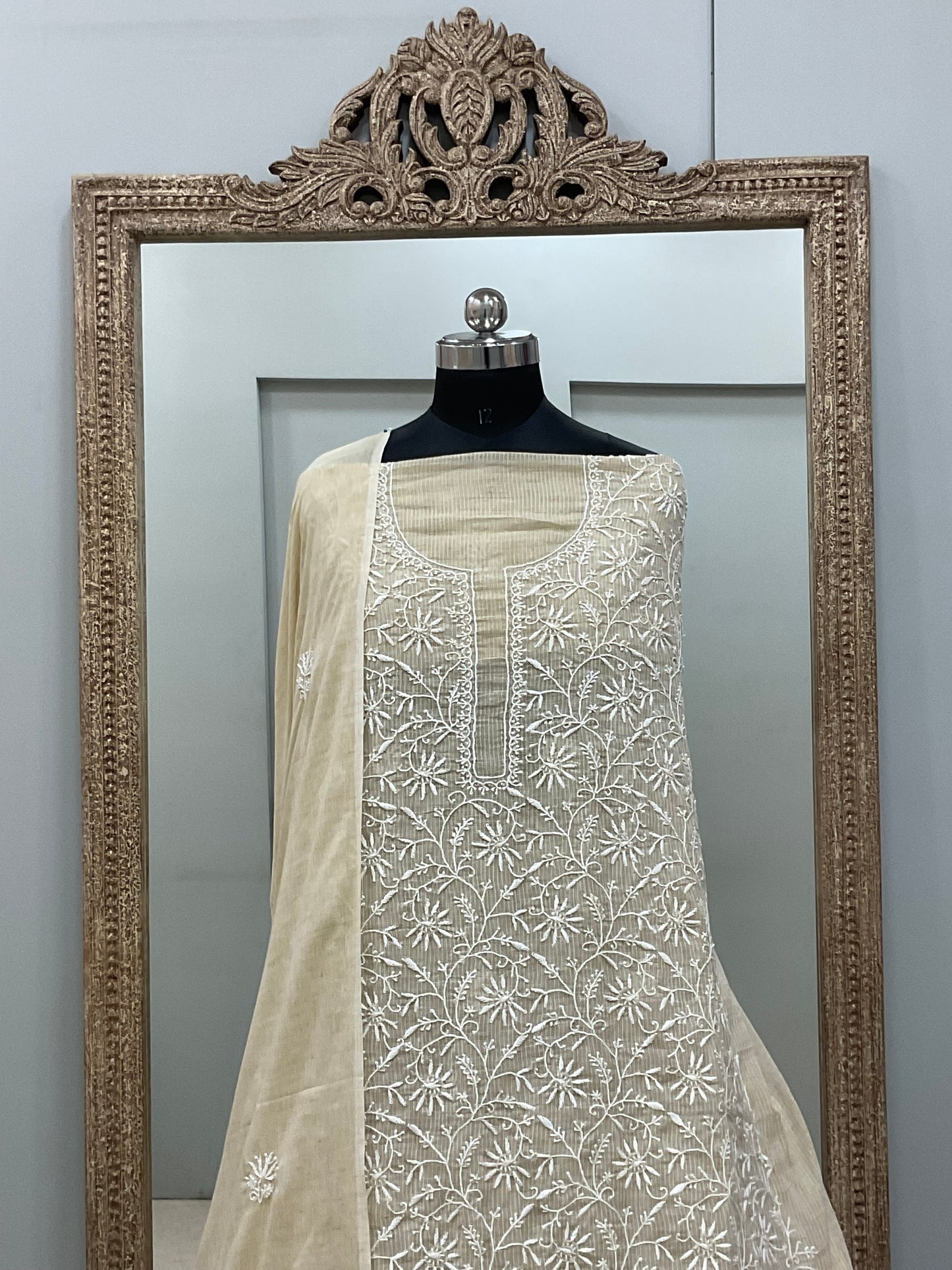Pure Kota Straight Chikan Work  Shirt And  Dupatta Beige