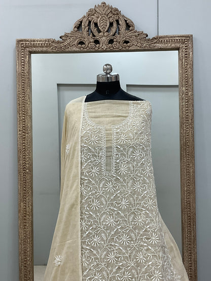 Pure Kota Straight Chikan Work  Shirt And  Dupatta Beige