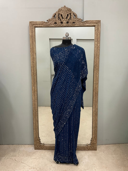 Pure Georgette Saree Superfine Work full jaal with Heavy Sequence  Work Blue