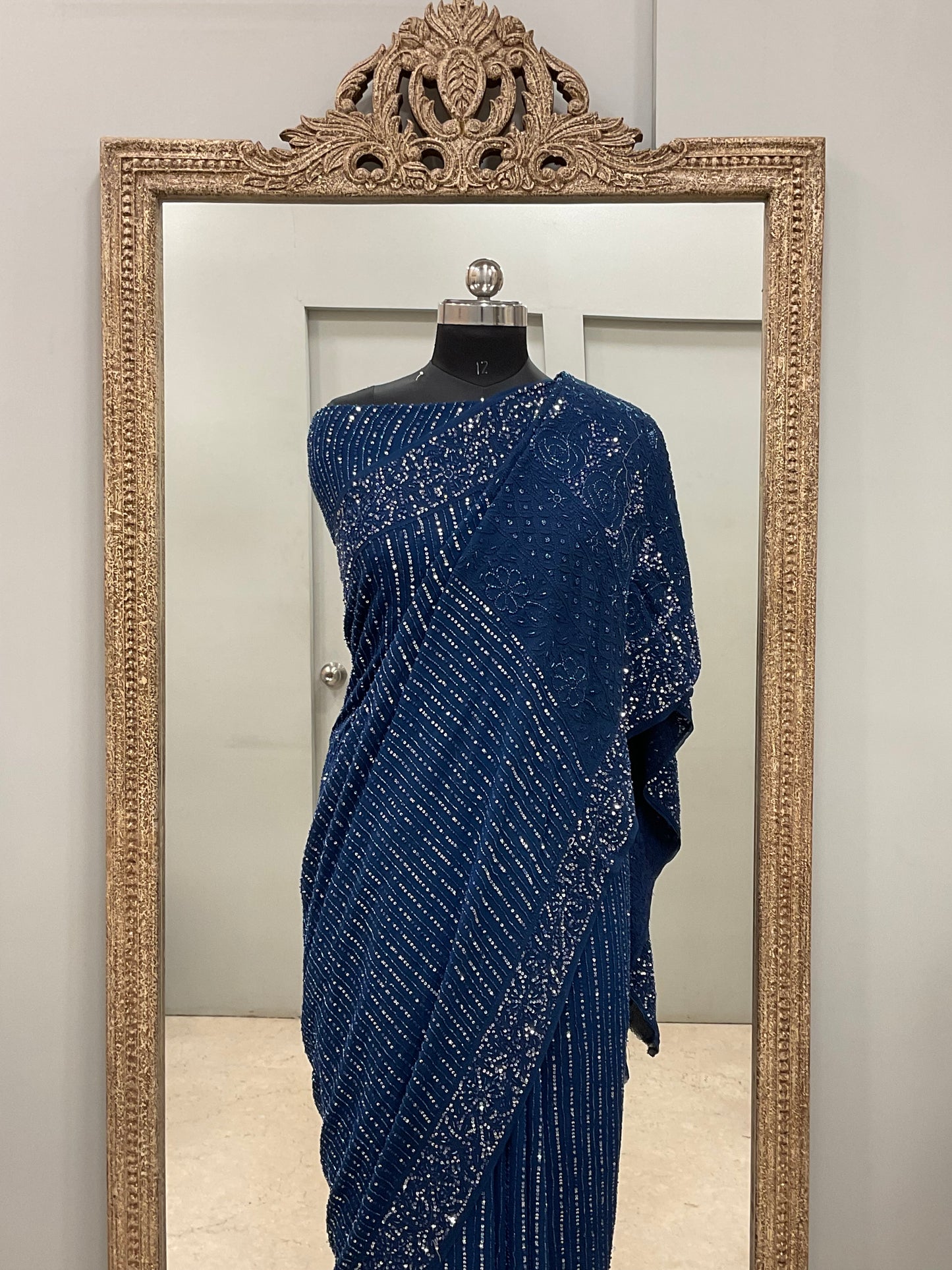 Pure Georgette Saree Superfine Work full jaal with Heavy Sequence  Work Blue