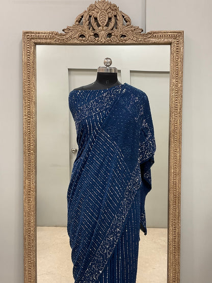 Pure Georgette Saree Superfine Work full jaal with Heavy Sequence  Work Blue