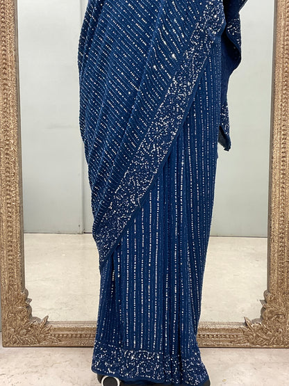 Pure Georgette Saree Superfine Work full jaal with Heavy Sequence  Work Blue