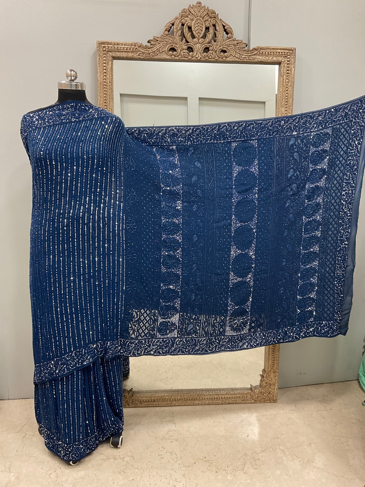 Pure Georgette Saree Superfine Work full jaal with Heavy Sequence  Work Blue