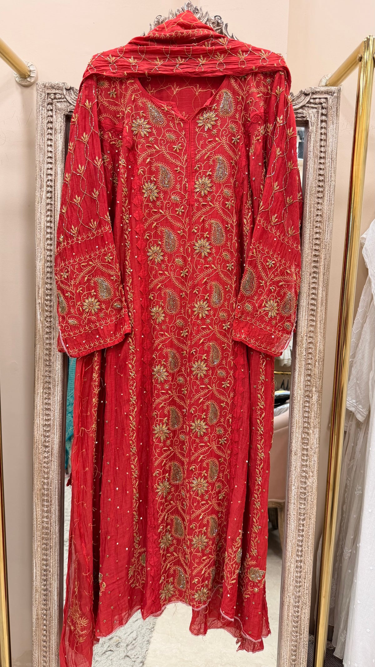 Pure Mul Anarkali Heavy Pearl And Cutdana Work With Dupatta Red