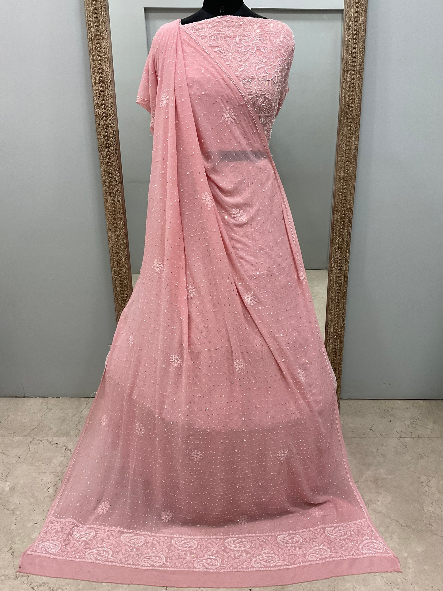 Pure Georgette Heavy Pearl, Cutdana and Sequence Peachy Pink