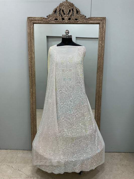 Superfine Pure Georgette Heavy Pearl Cutdana and Sequence Designer White