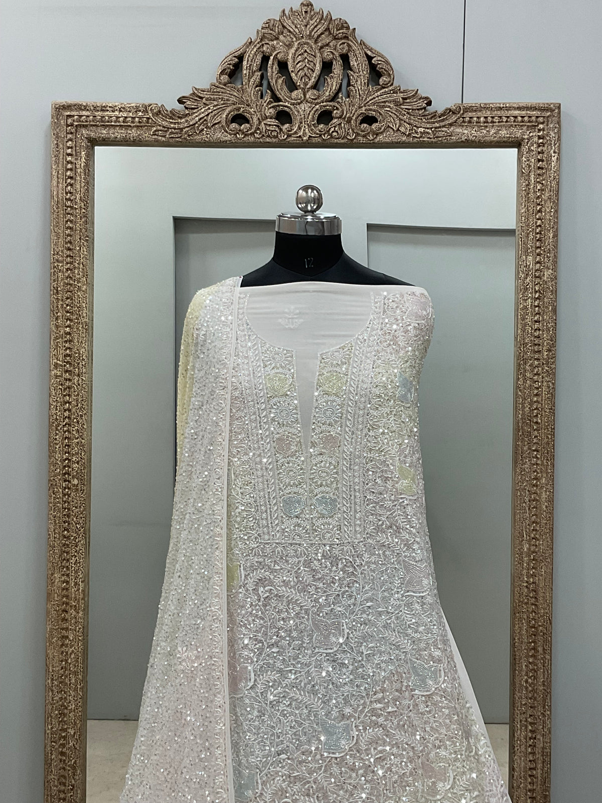 Superfine Pure Georgette Heavy Pearl Cutdana and Sequence Designer White