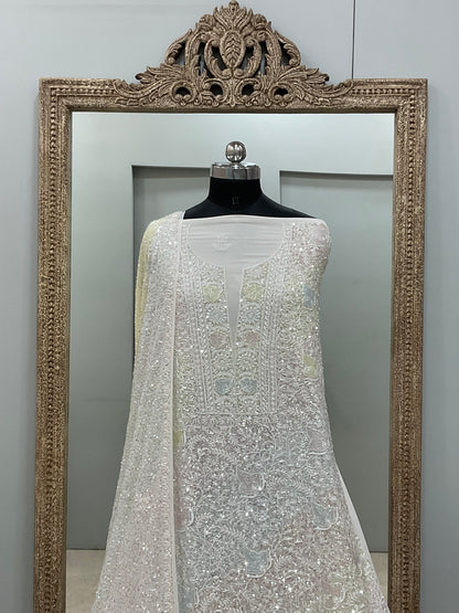 Superfine Pure Georgette Heavy Pearl Cutdana and Sequence Designer White