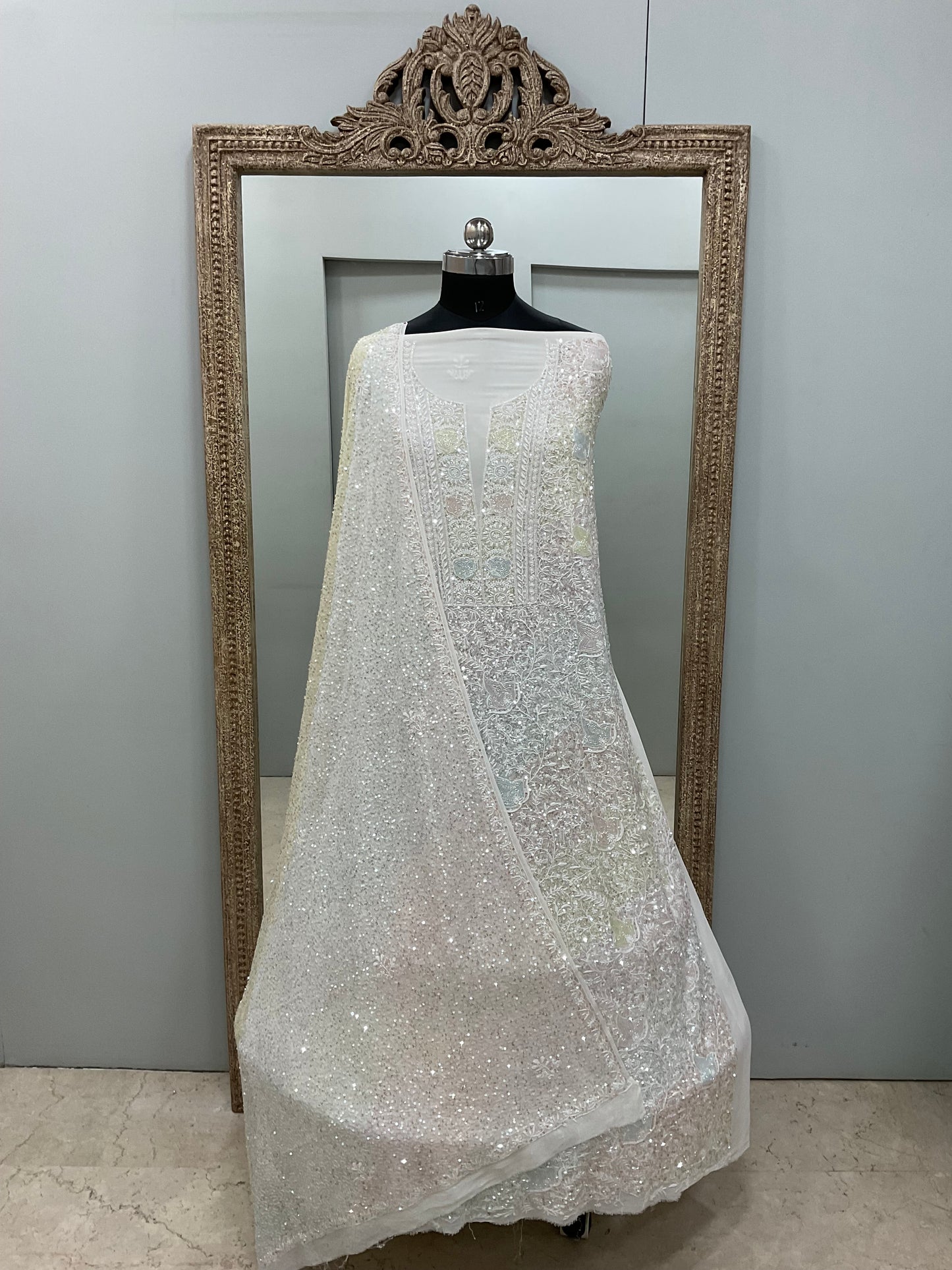 Superfine Pure Georgette Heavy Pearl Cutdana and Sequence Designer White