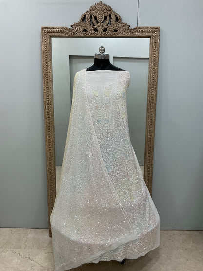 Superfine Pure Georgette Heavy Pearl Cutdana and Sequence Designer White