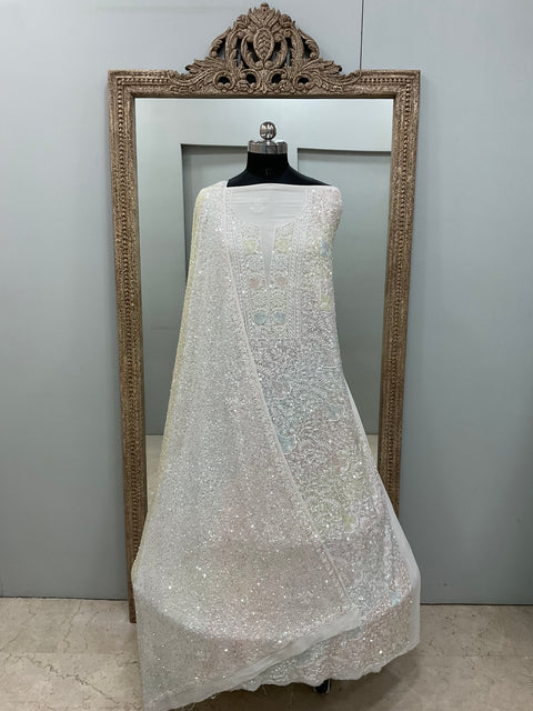 Superfine Pure Georgette Heavy Pearl Cutdana and Sequence Designer White