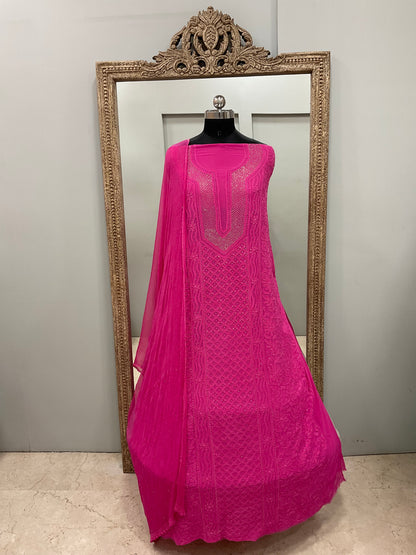 Chikan Mukaish Georgette Shirt and Dupatta Pink