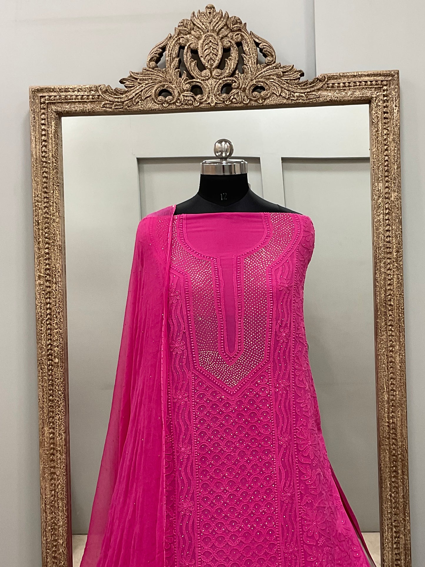 Chikan Mukaish Georgette Shirt and Dupatta Pink