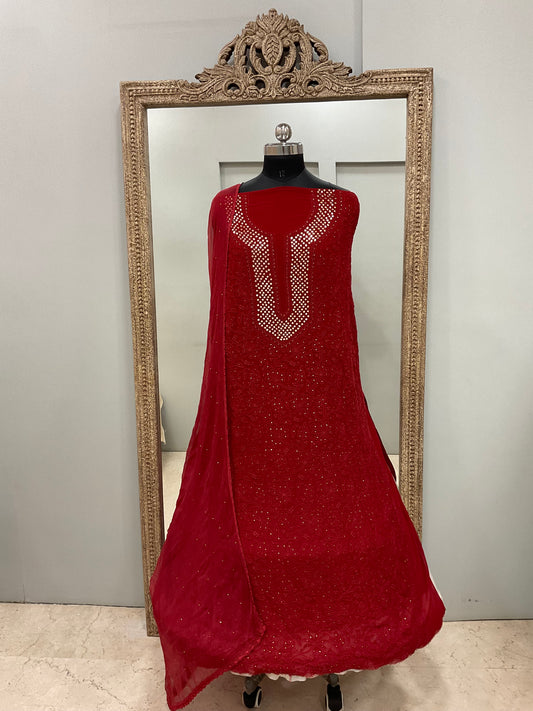 Chikan Mukaish Georgette Shirt and Chiffon Dupatta Red