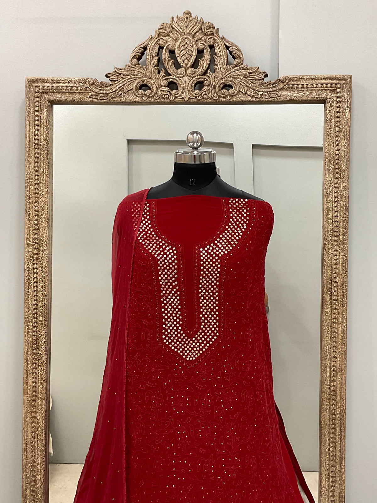 Chikan Mukaish Georgette Shirt and Chiffon Dupatta Red