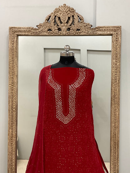 Chikan Mukaish Georgette Shirt and Chiffon Dupatta Red