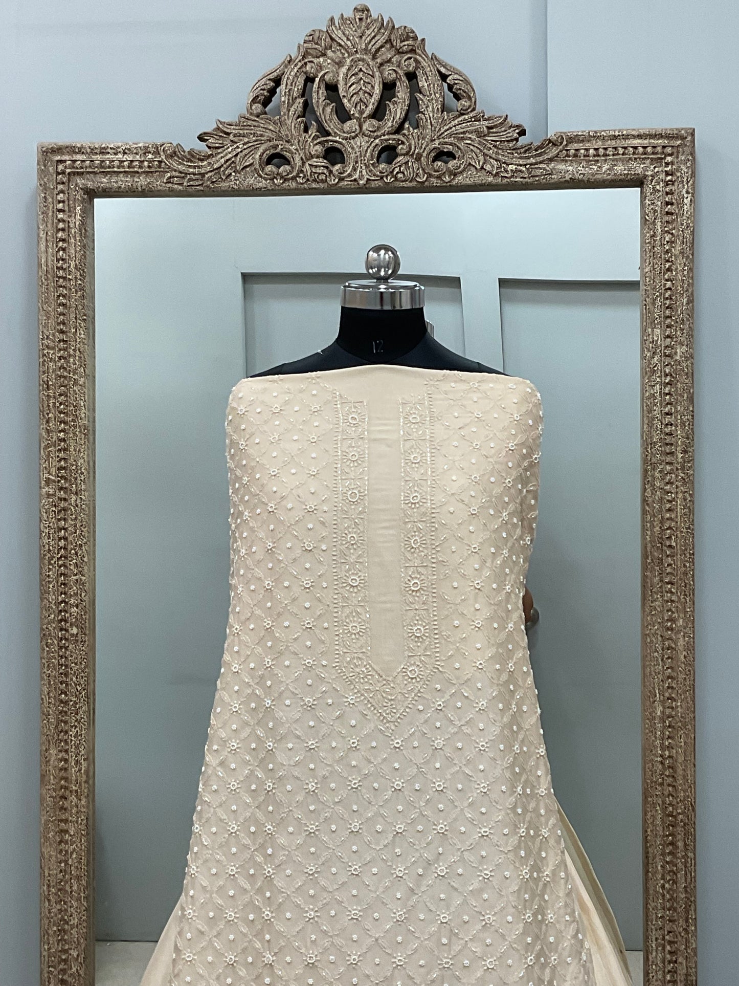 Gents Kurta Pure Chanderi Front Jaal Heavy Cutdana and Pearl Cream