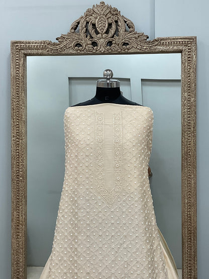 Gents Kurta Pure Chanderi Front Jaal Heavy Cutdana and Pearl Cream