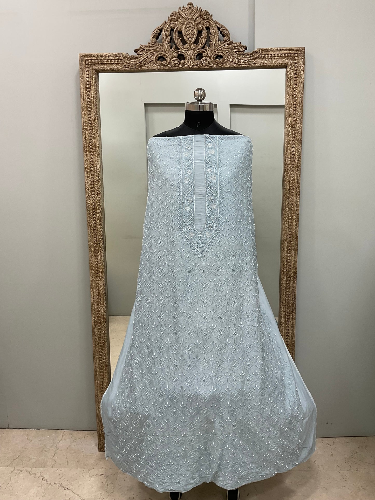 Gents Kurta Pure Chanderi Front Jaal Heavy Cutdana and Pearl Blue
