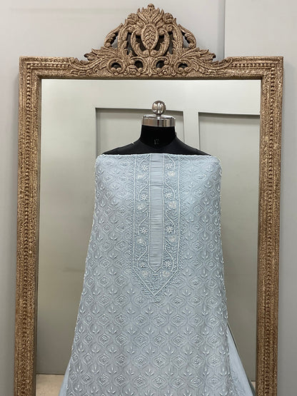 Gents Kurta Pure Chanderi Front Jaal Heavy Cutdana and Pearl Blue