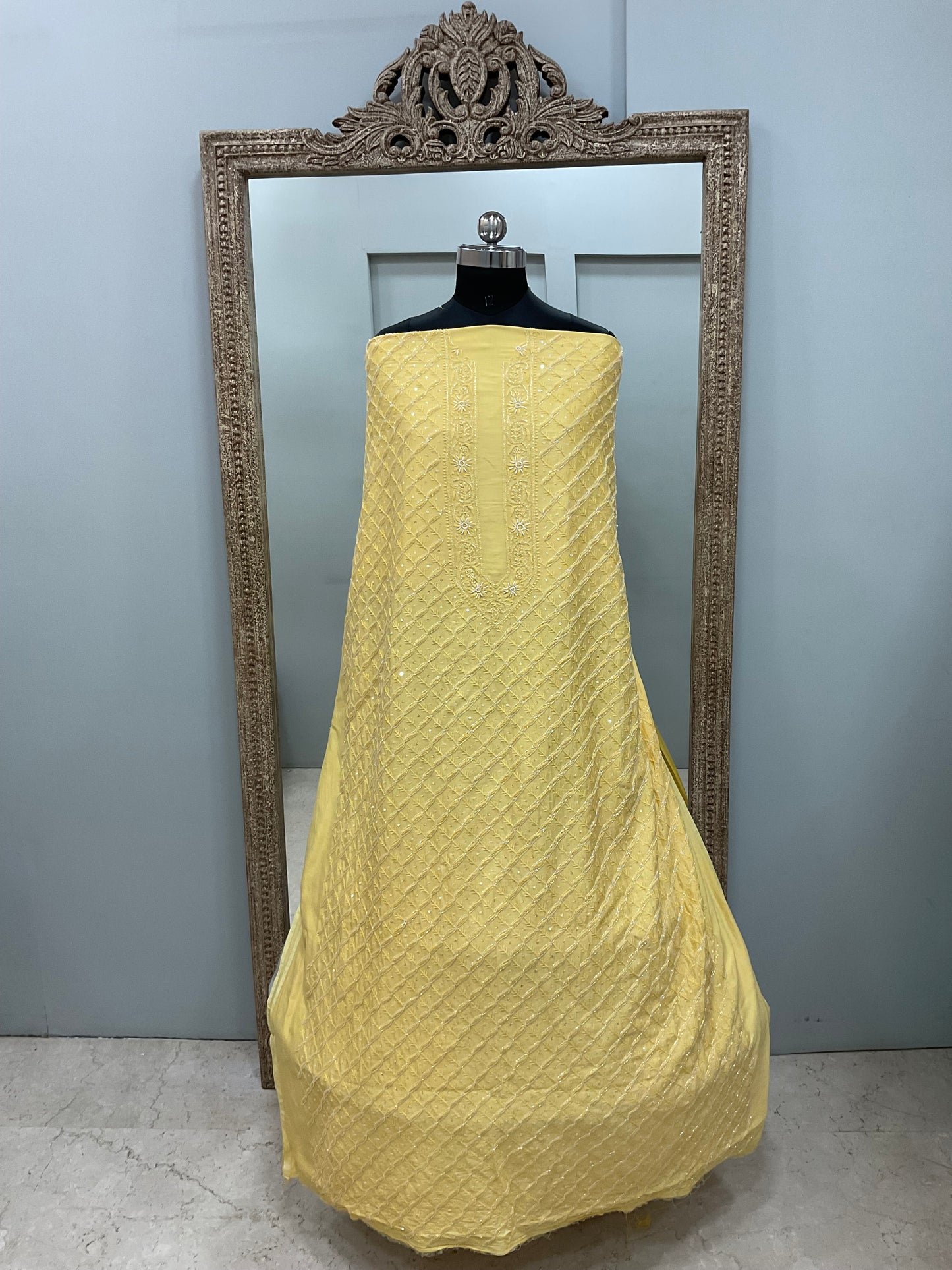 Gents Kurta Pure Chanderi Front Jaal Heavy Cutdana and Pearl Yellow