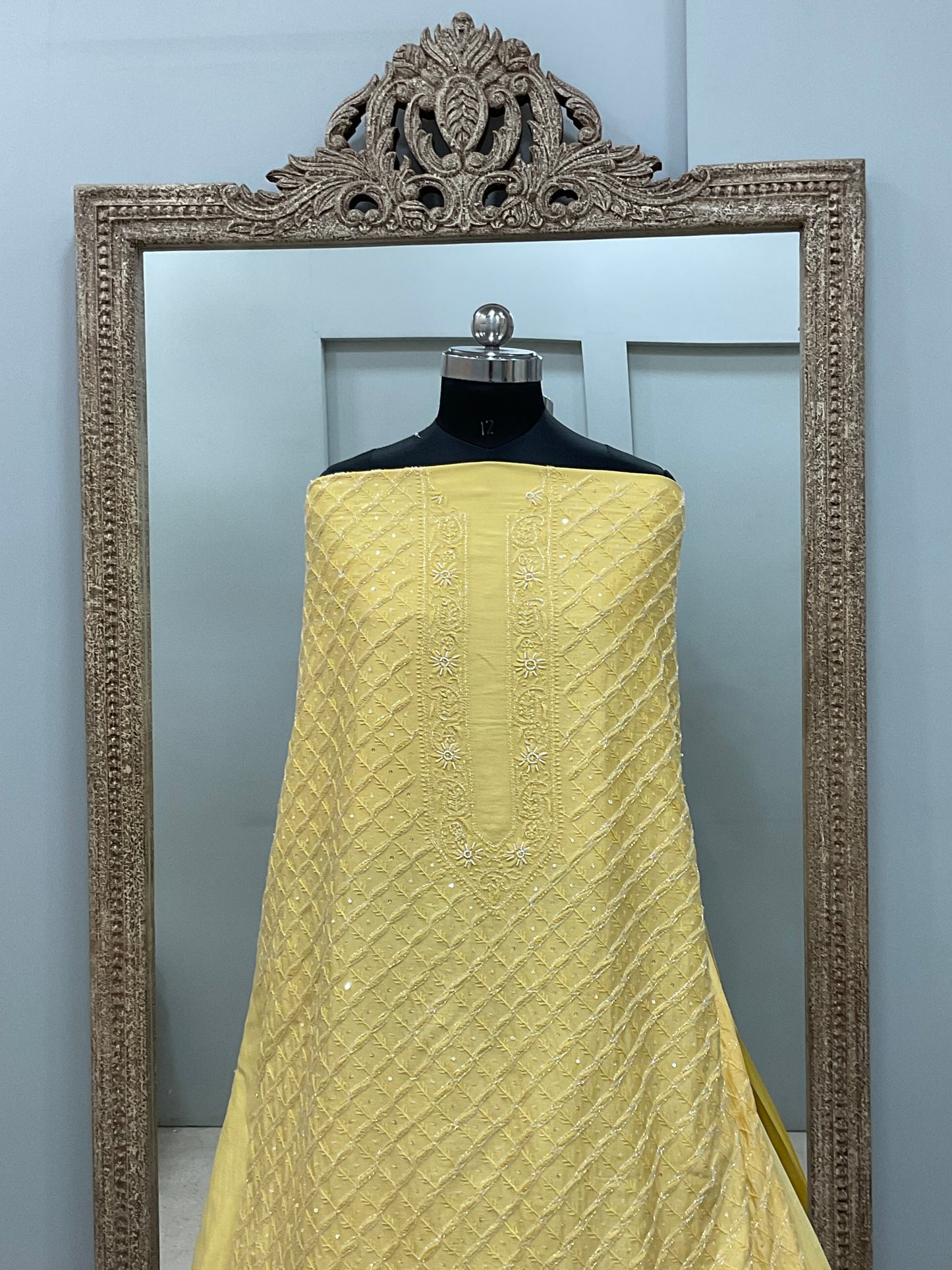 Gents Kurta Pure Chanderi Front Jaal Heavy Cutdana and Pearl Yellow