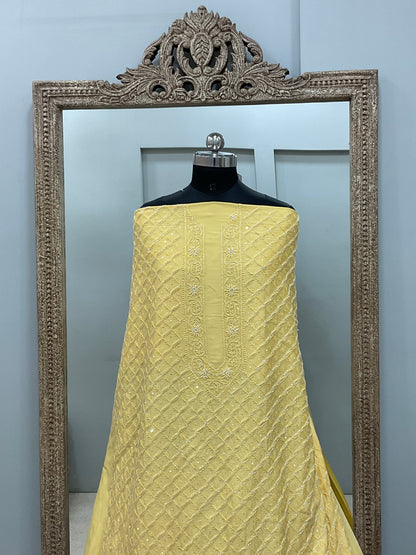 Gents Kurta Pure Chanderi Front Jaal Heavy Cutdana and Pearl Yellow