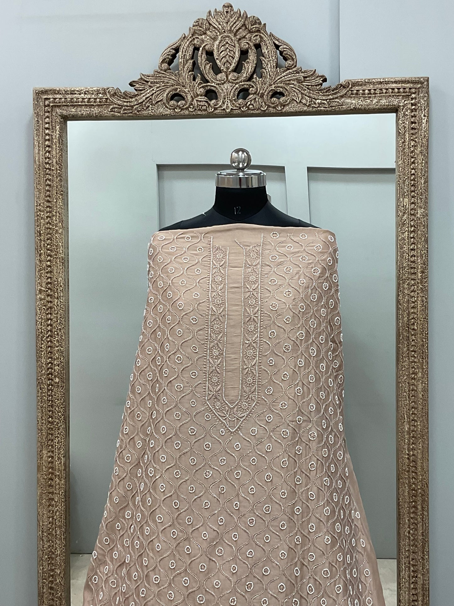 Gents Kurta Pure Chanderi Front Jaal Heavy Cutdana and Pearl Golden Biege
