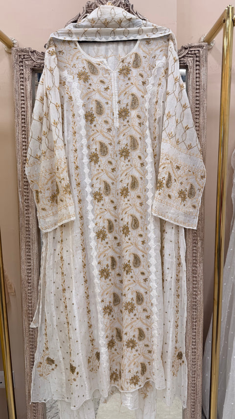 Pure Mul Anarkali Heavy Pearl And Cutdana Work With Dupatta White And Golden