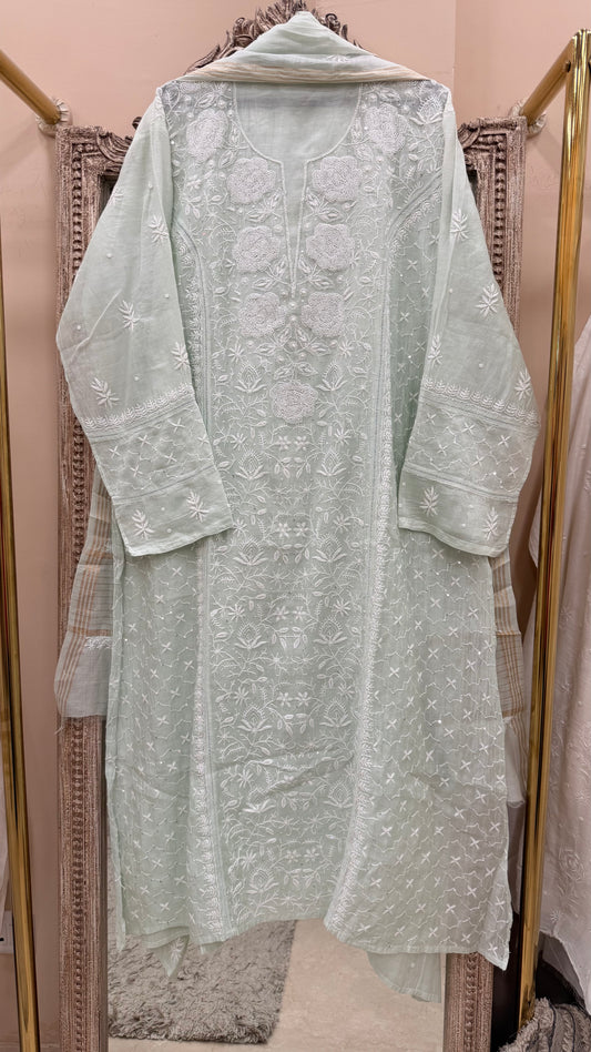 Pure Mulmul Cotton Semistiched Kurta Pearl And Addon Work With Dupatta Light Green