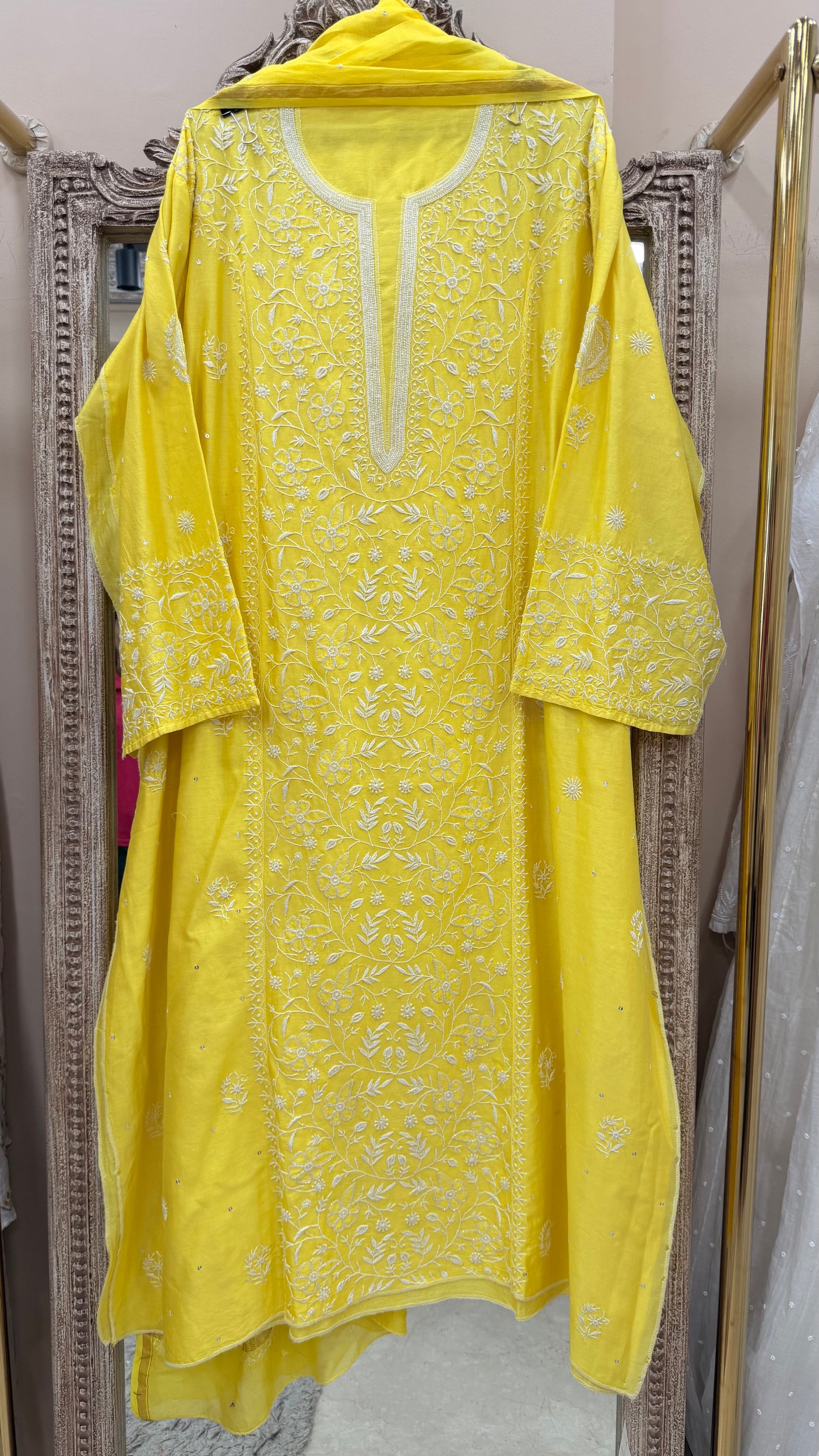 Pure Mulmul Chanderi Cotton Straight Pearl And Addon Work With Dupatta Yellow