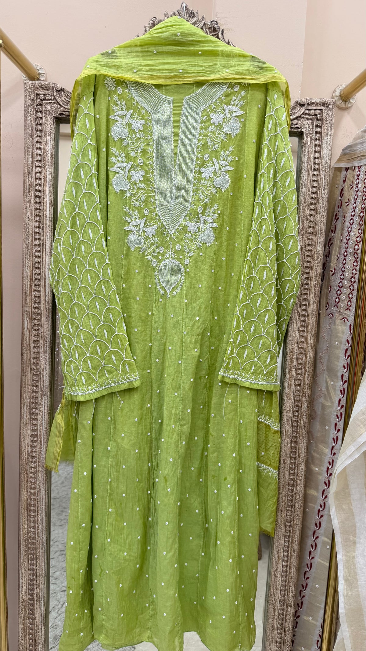 Pure Mulmul Cotton Anarkali Pearl And Addon Work With Dupatta Green