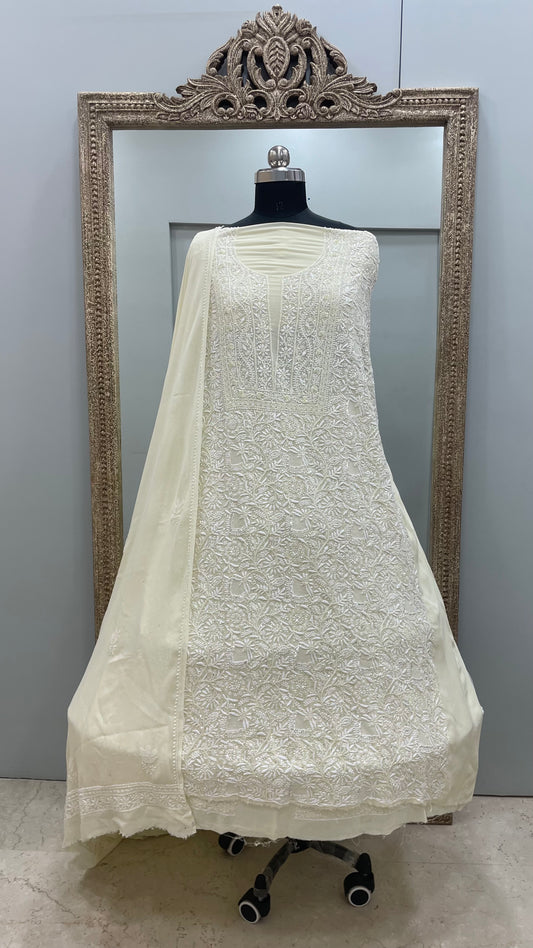 Pure Georgette Superfine  Sequence Pearl and Cutdana Lemon Yellow