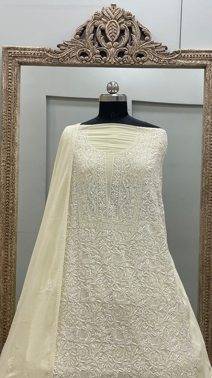 Pure Georgette Superfine  Sequence Pearl and Cutdana Lemon Yellow