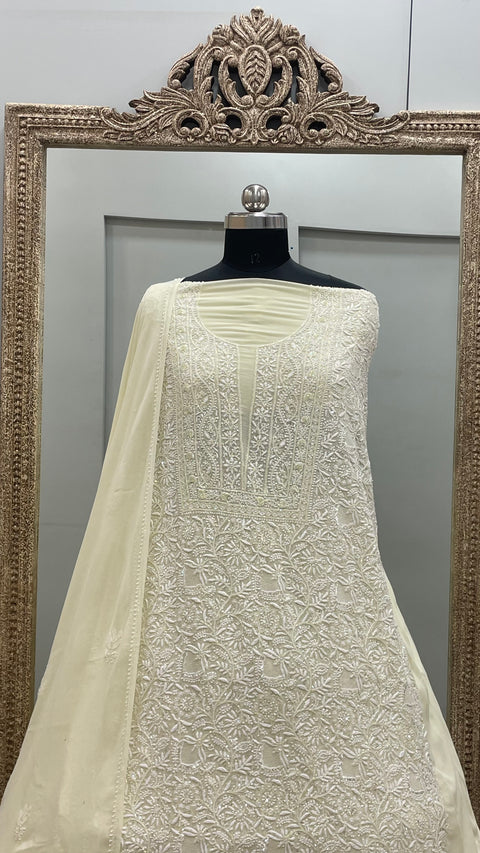 Pure Georgette Superfine  Sequence Pearl and Cutdana Lemon Yellow
