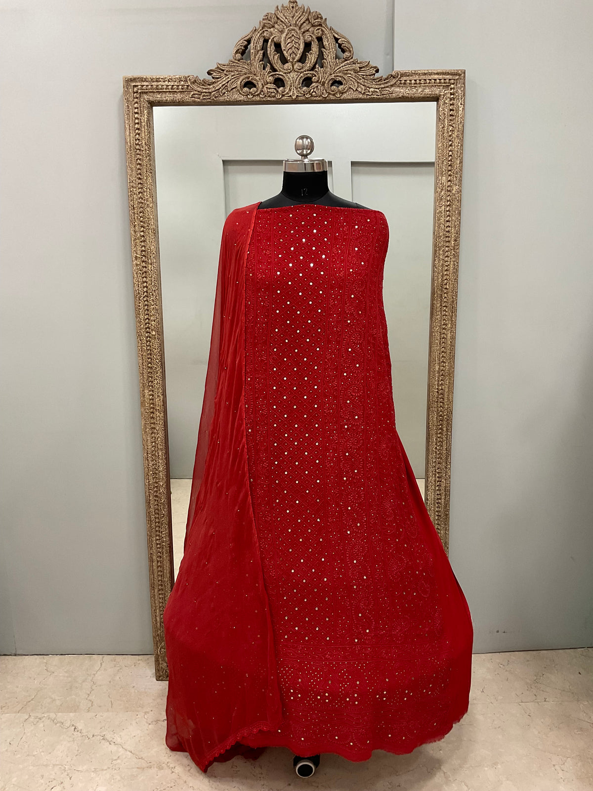 Georgette Straight Heavy Mukaish Work With Chiffon Dupatta Red