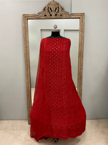 Georgette Straight Heavy Mukaish Work With Chiffon Dupatta Red