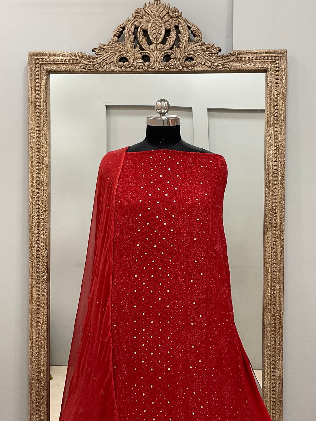 Georgette Straight Heavy Mukaish Work With Chiffon Dupatta Red