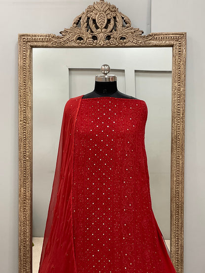 Georgette Straight Heavy Mukaish Work With Chiffon Dupatta Red