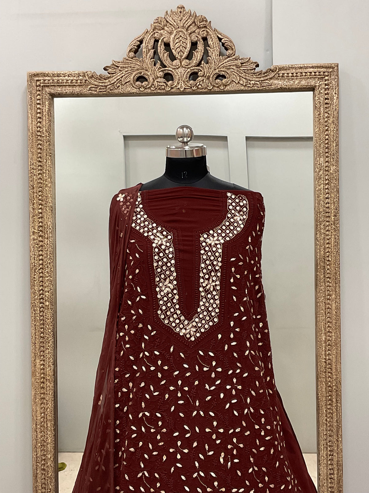 Georgette Straight Heavy Gota Work With Chiffon Dupatta Maroon