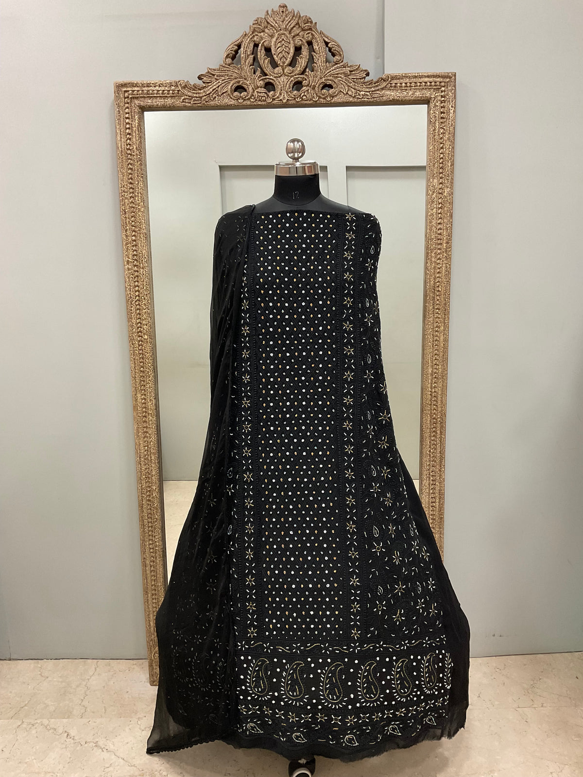 Georgette Straight Heavy Pearl Work With Chiffon Dupatta Black