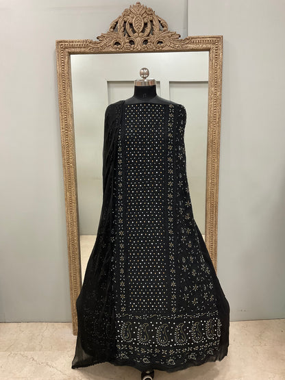 Georgette Straight Heavy Pearl Work With Chiffon Dupatta Black