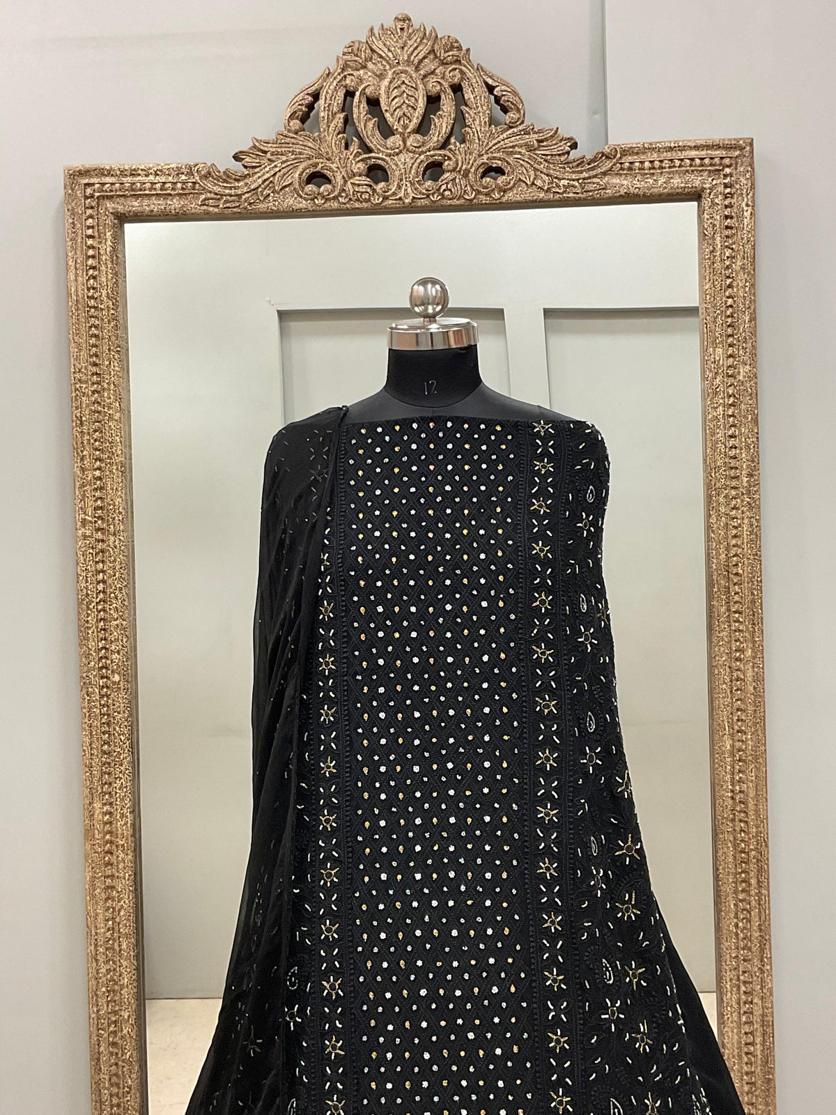 Georgette Straight Heavy Pearl Work With Chiffon Dupatta Black
