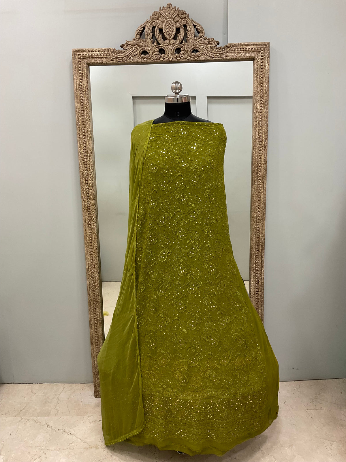 Georgette Straight Heavy Mukaish Work With Chiffon Dupatta Green