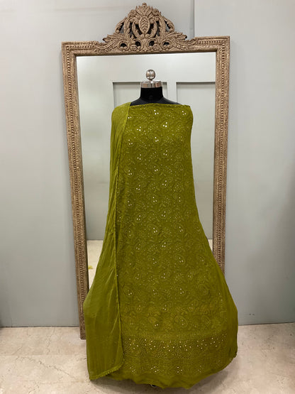 Georgette Straight Heavy Mukaish Work With Chiffon Dupatta Green